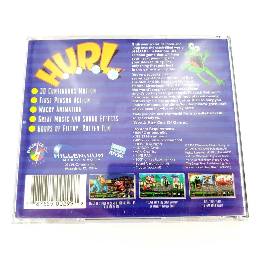 H.U.R.L. DOS PC CD-ROM 1995 Hilarious Non-Violent 3D Action Game HURL